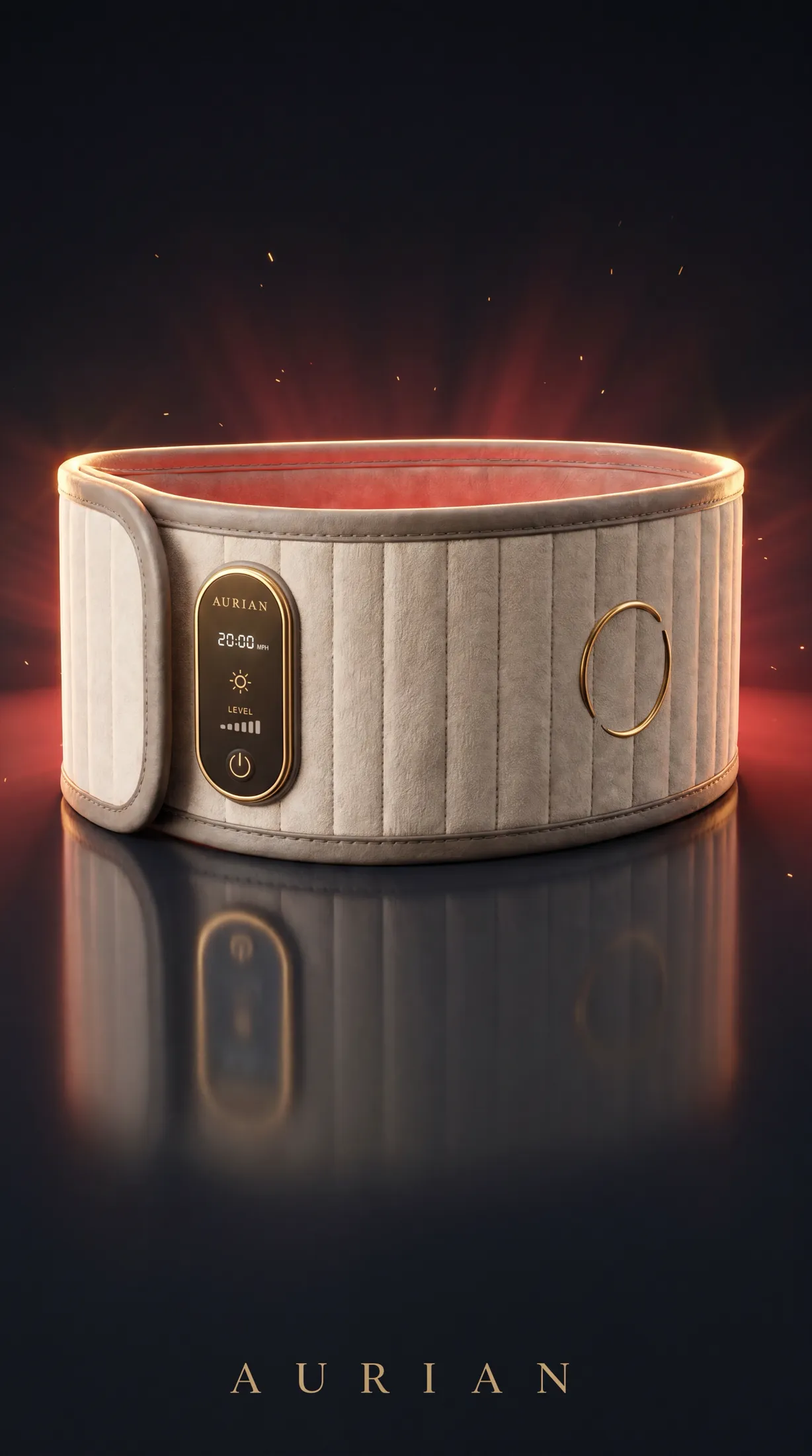 Cinematic hero graphic of the Aurian Aura recovery belt with its red-light grid glowing