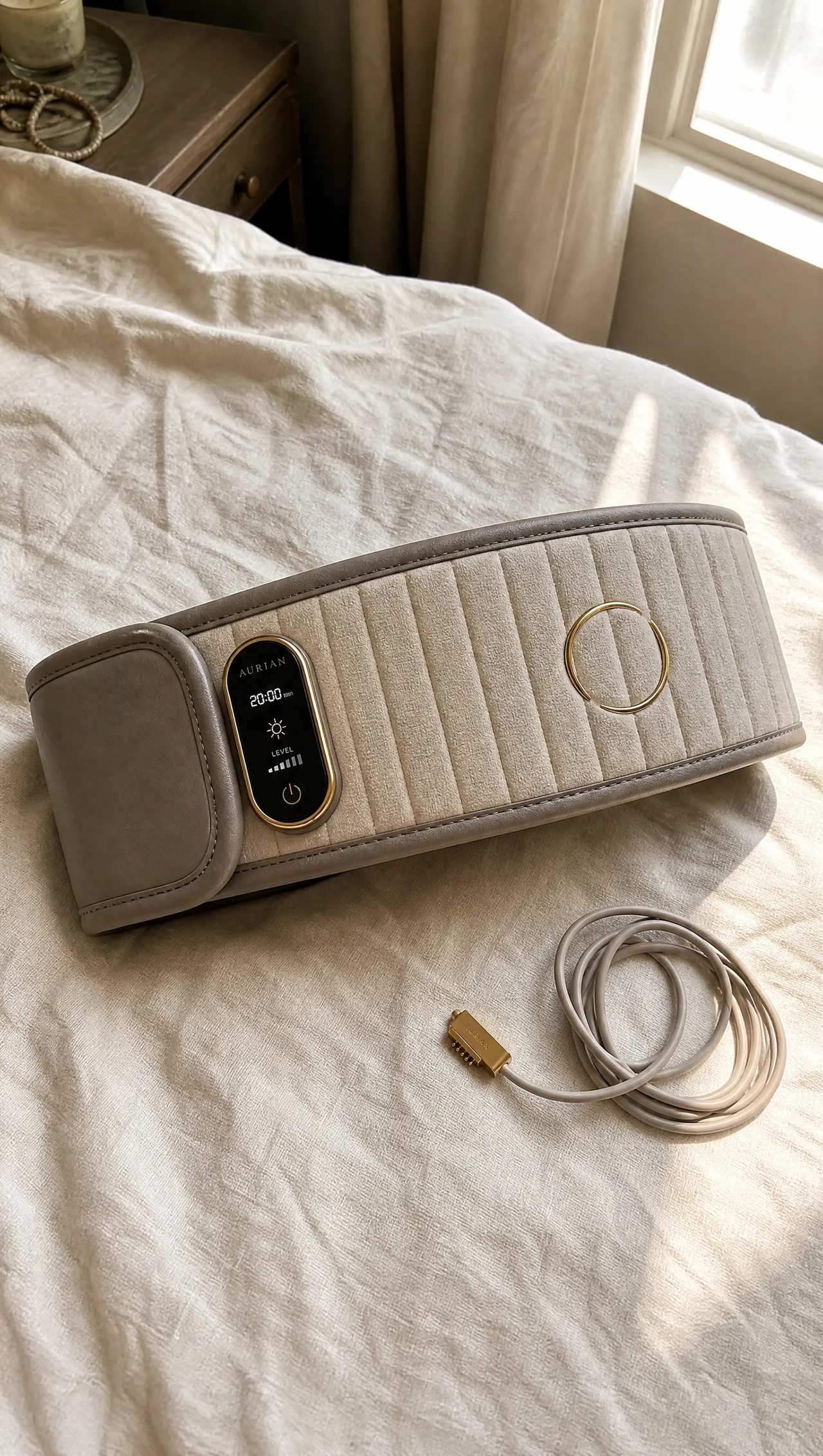 iPhone snapshot of the Aurian Aura red-light recovery belt on a bed