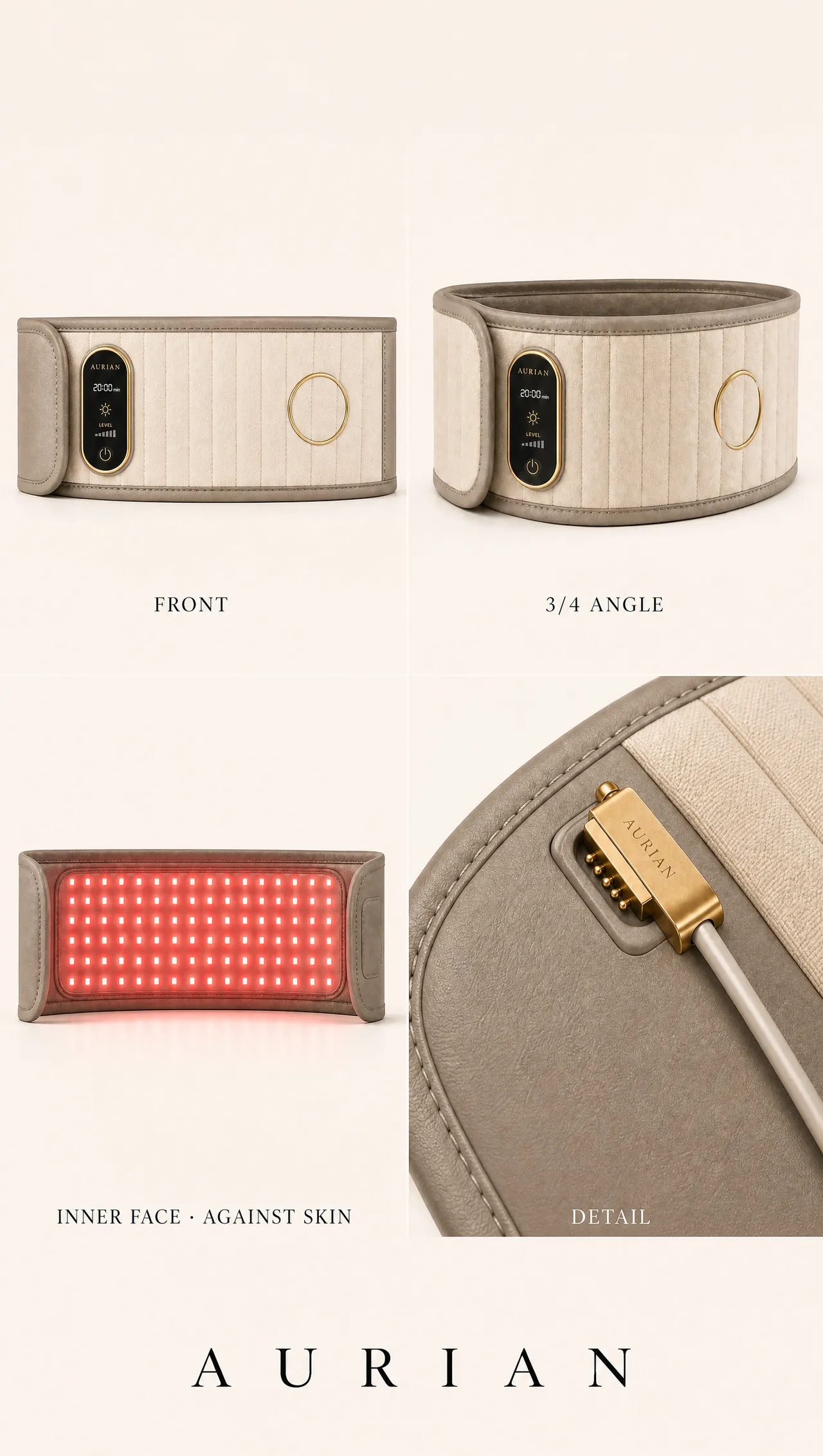 Aurian Aura belt reference sheet — front, angled, inner red-light panel and gold charger detail