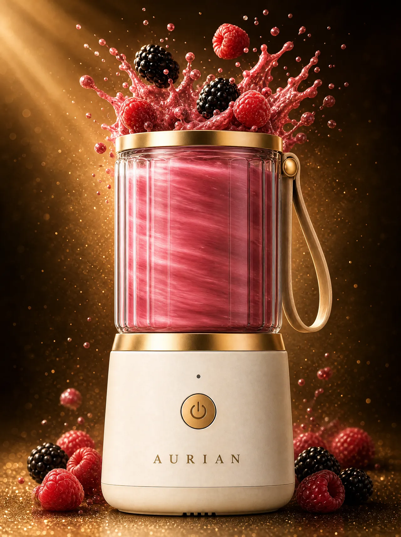 Cinematic hero graphic of the Aurian Sol blender with berries and splash mid-air