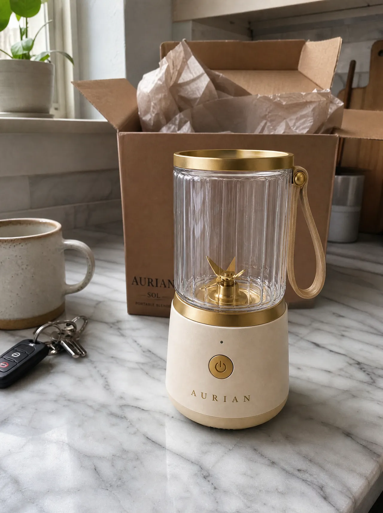 iPhone snapshot of the Aurian Sol blender unboxed on a marble kitchen counter