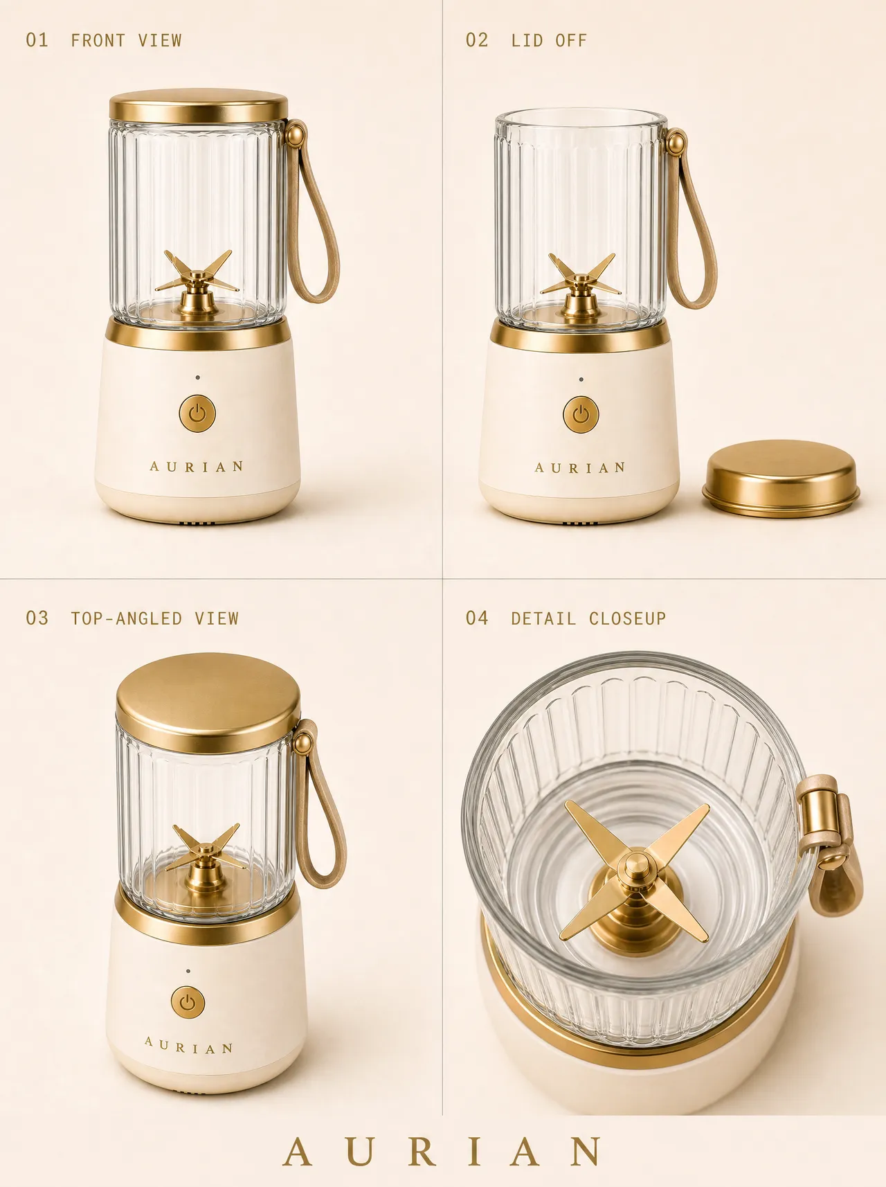 Aurian Sol portable blender reference sheet — front, back, profile and detail views